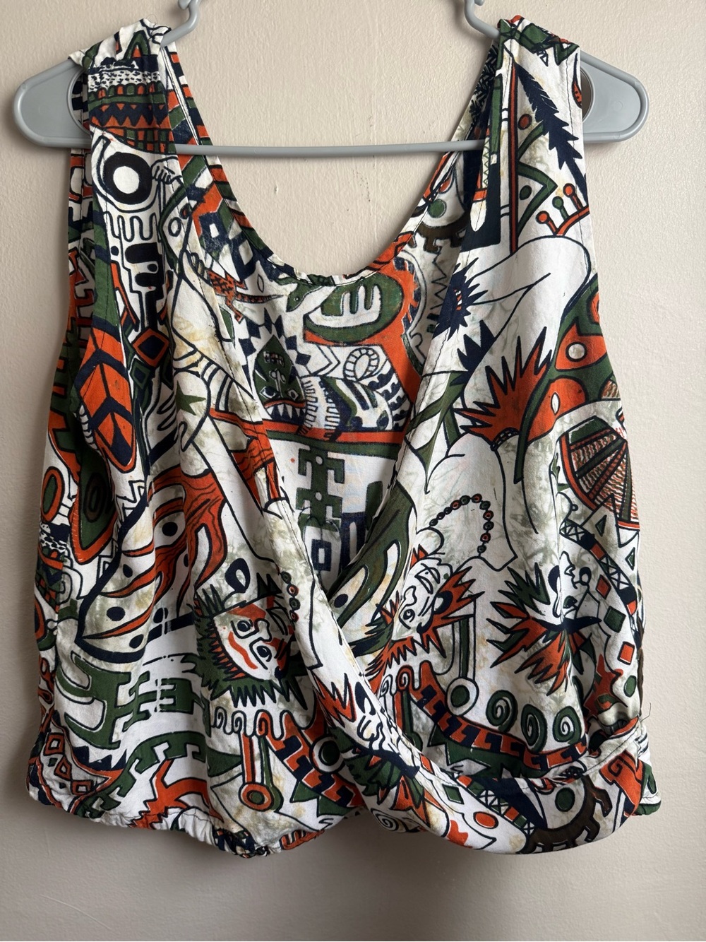 Vintage Delila Rayon Abstract Print Draped Open Back Crop Tank Top 90s Boho